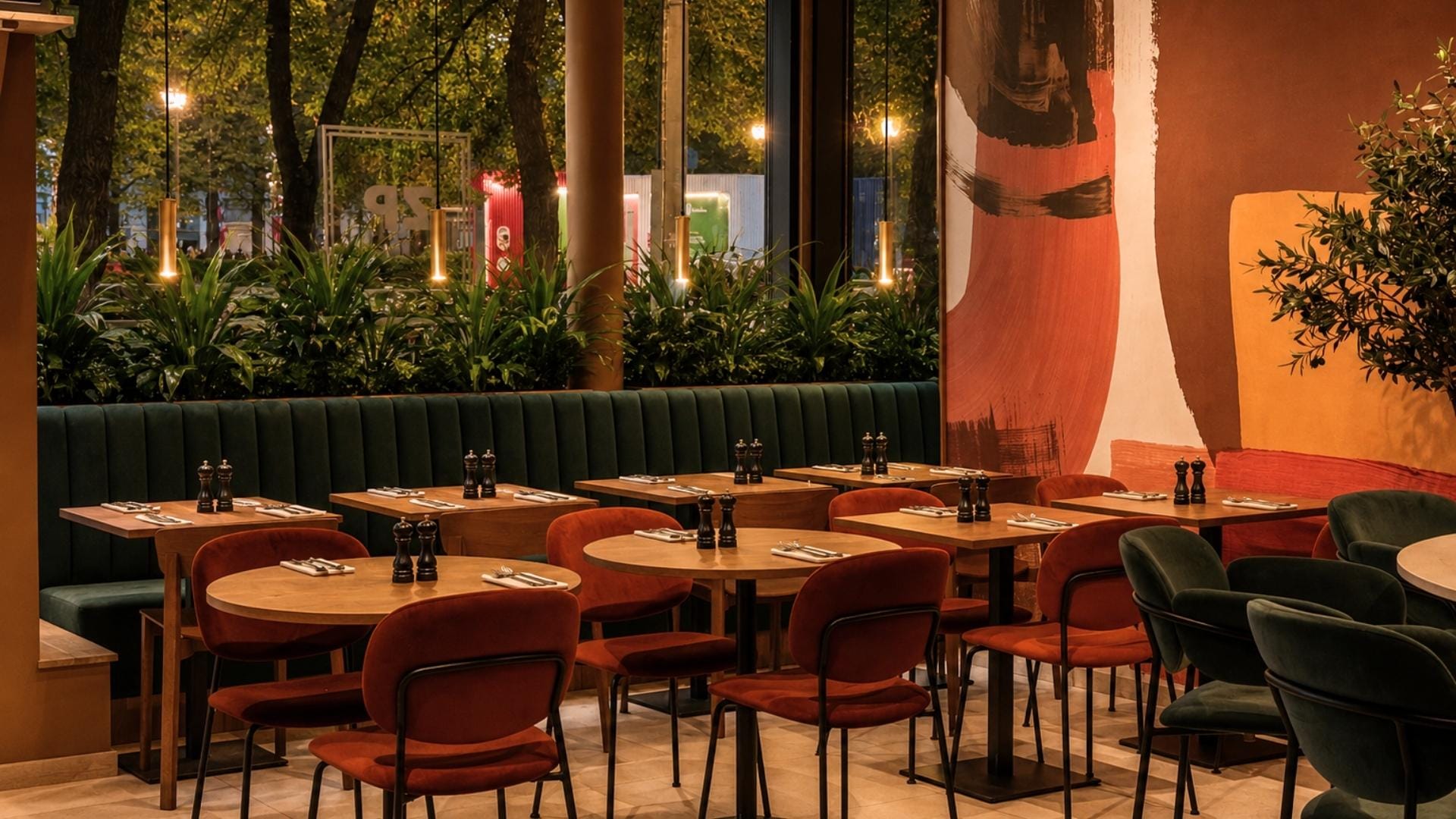 lun pizzarestaurant med stoler og bord og sofa ut mot gaten