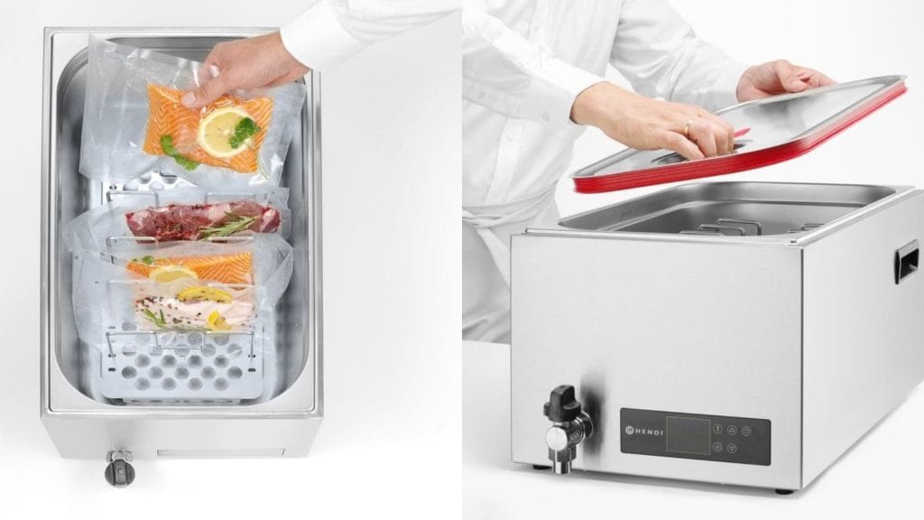 sous vide maskine sett ovenfra med vannbad med vakuumpakket mat