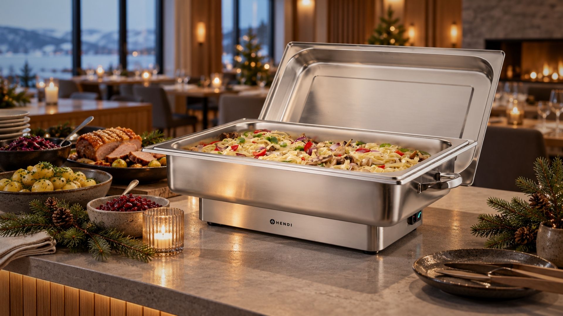 julebord med chafing dish i nordisk restaurant pyntet til jul